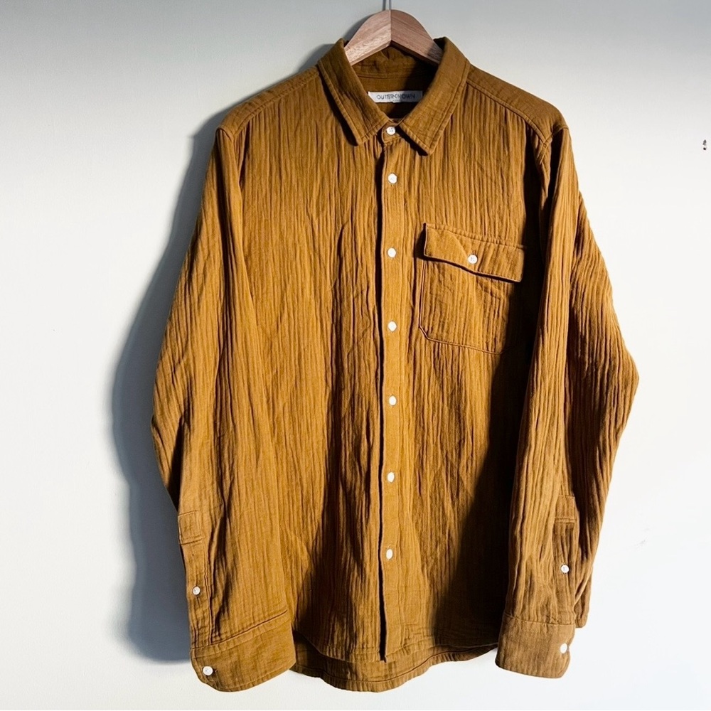 Outerknown Mens Mustard Yellow Crinkle Gauze Button Down Shirt Sz L Casual Soft